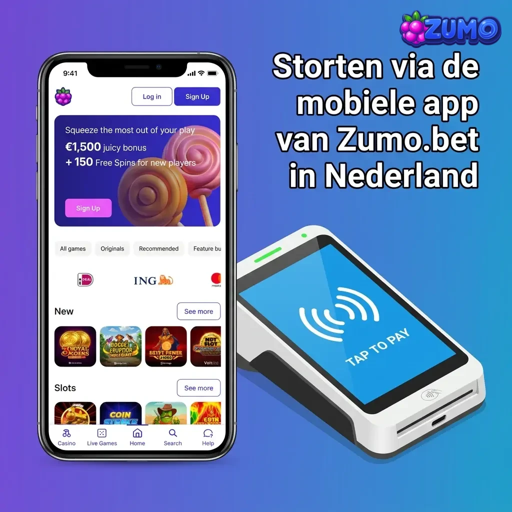Stappen voor mobiel storten in de Zumo.bet app in Nederland: inloggen, storting, methode kiezen, bedrag, bevestigen.