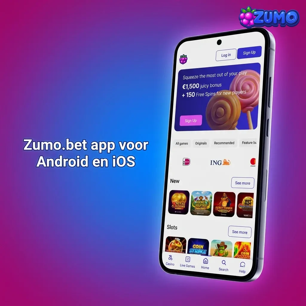 Zumo.bet mobiele app voor Android en iOS met casino, live casino en sportsbook, snelle login en live odds op mobiel