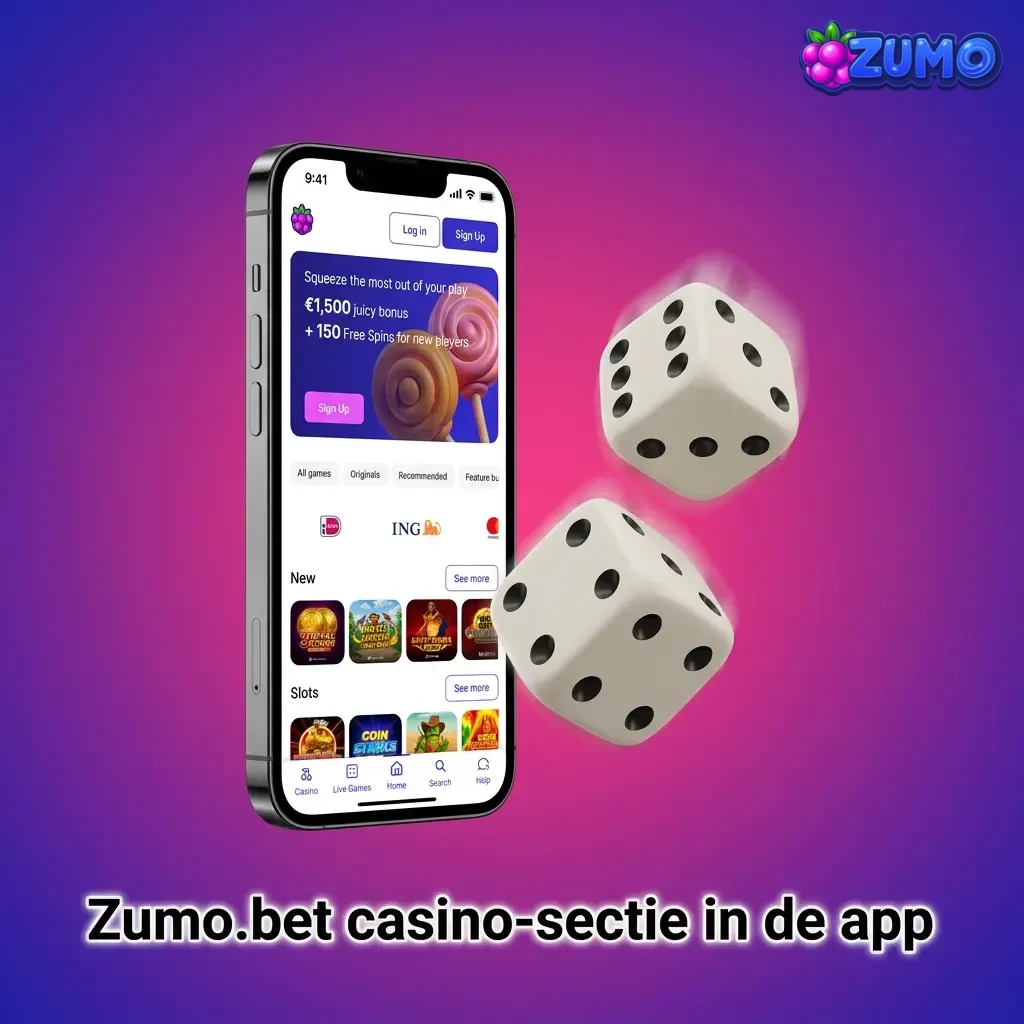 Zumo.bet casino-app met spelcategorieën zoals slots, tafelspellen, live casino, jackpots en nieuwe populaire games.