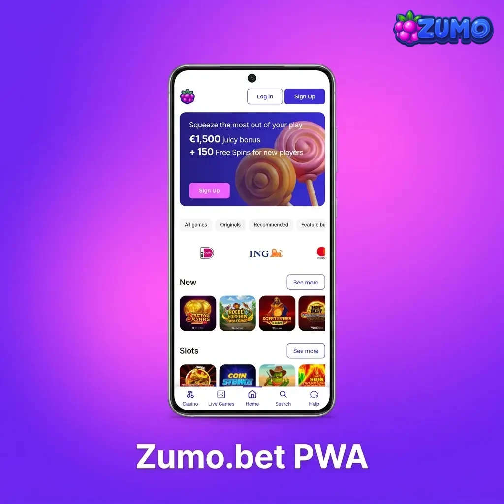 Zumo.bet PWA in browser: voeg pictogram toe aan startscherm, blijf ingelogd, snelle toegang tot casino en sport.