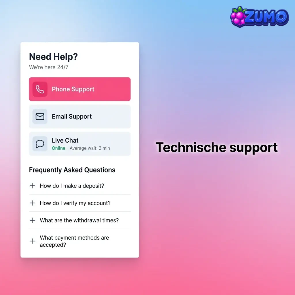 Technische support voor website, app, spellen en betalingen; 24/7 chat of tech@zumo.bet; hulp bij foutmeldingen en inlogproblemen.