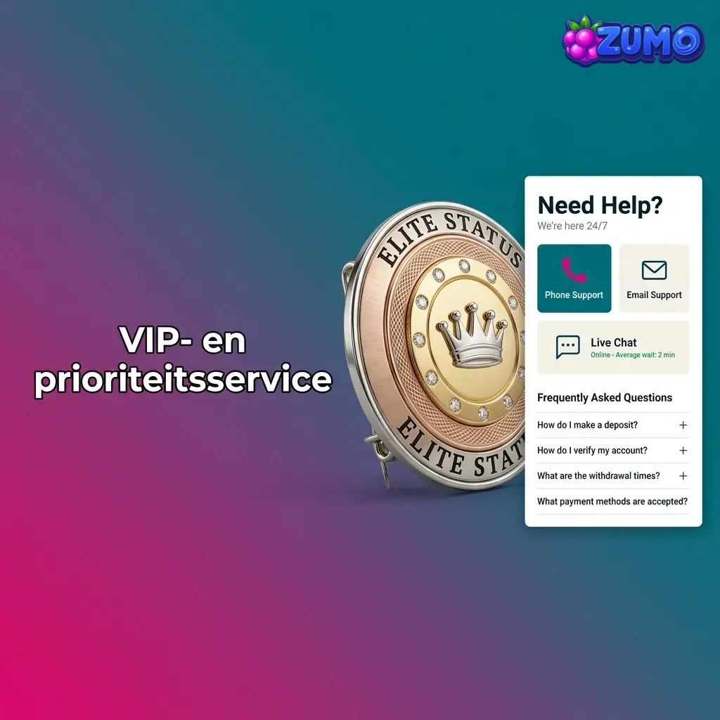 VIP- en prioriteitsservice met badge, apart contactkanaal, snellere support en vip@zumo.bet contactinformatie