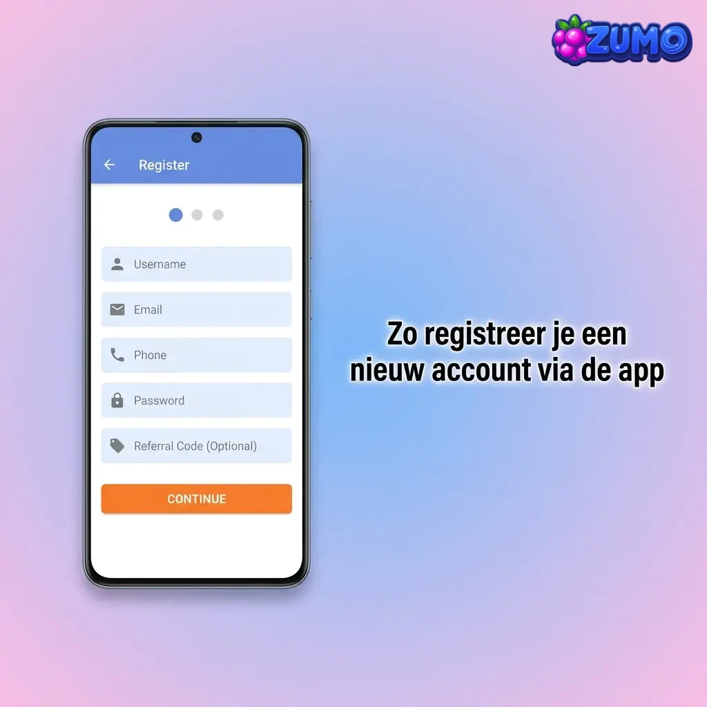 Stappenplan in de app om een nieuw account te registreren: app openen, methode kiezen, gegevens invullen en bevestigen.